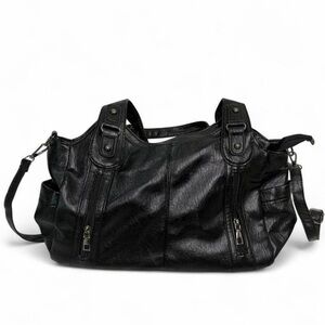 City Y2K Retro Utility Grunge Large Black Faux Leather Tote Silver Hardware Chic